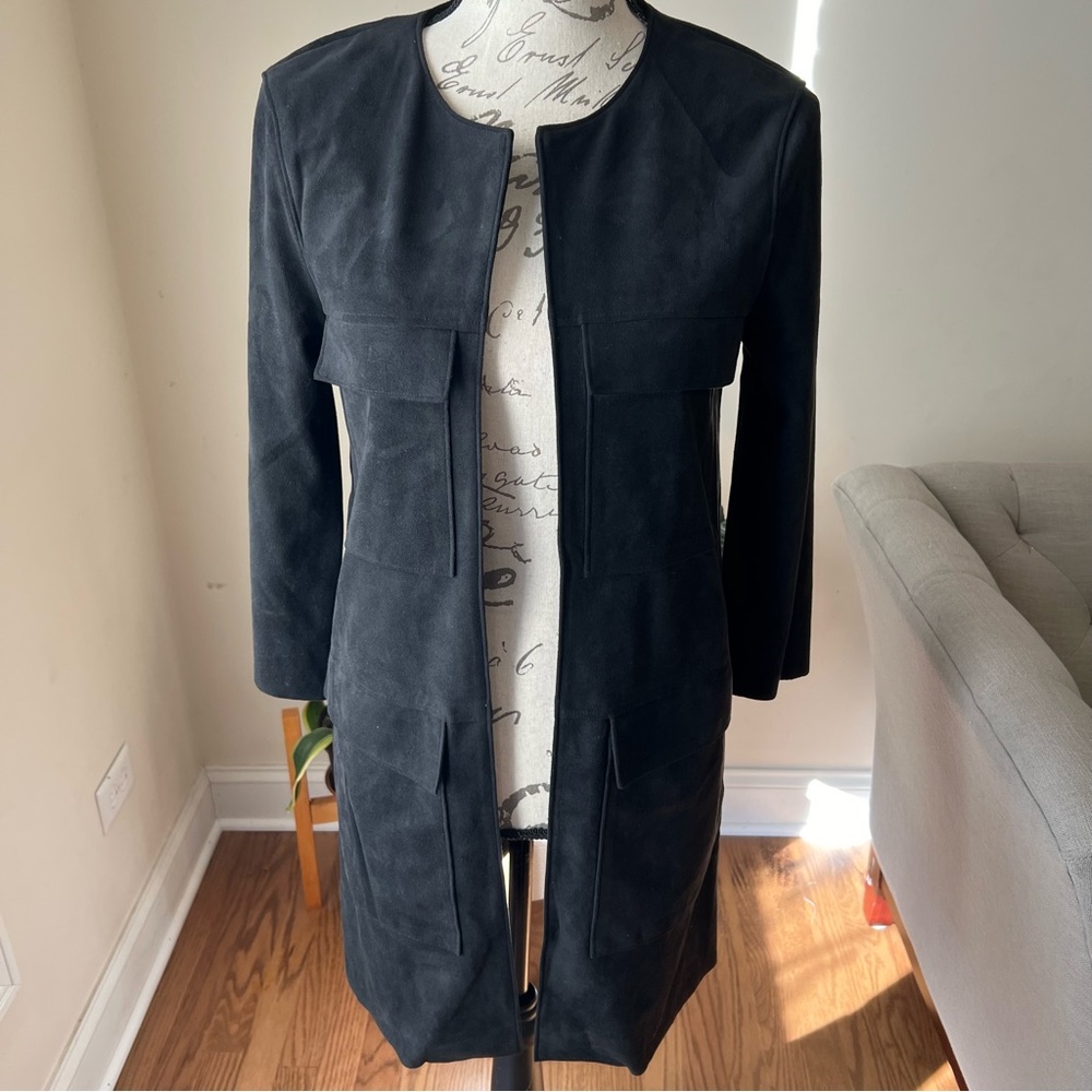 H&M Faux Suede Long Duster Black Open Front Sz 4 - Picture 2 of 7